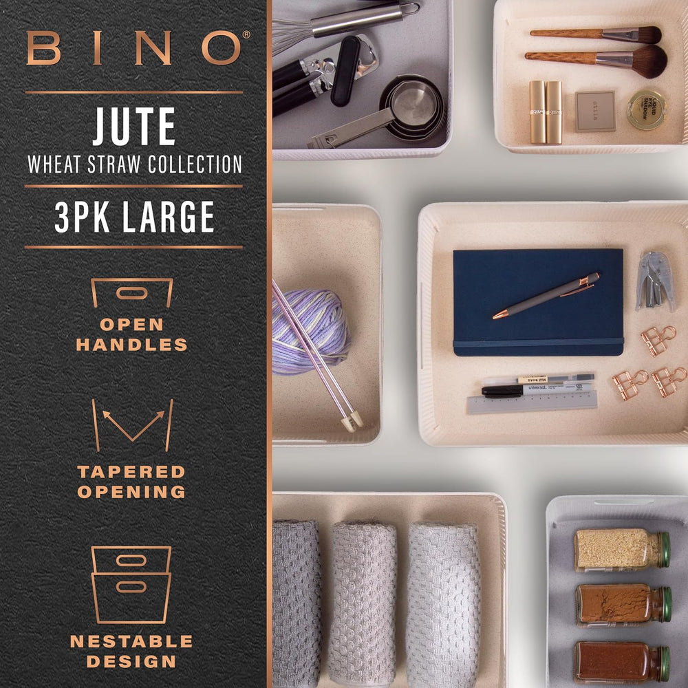BINO | Woven Plastic Basket | Large (Natural Grey), 3-Pack | THE JUTE COLLECT...