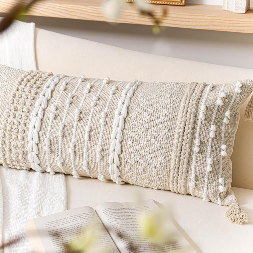 BlissBlush Cream Decorative Lumbar Throw Pillow Cover 14x36 Boho Long Cushion...