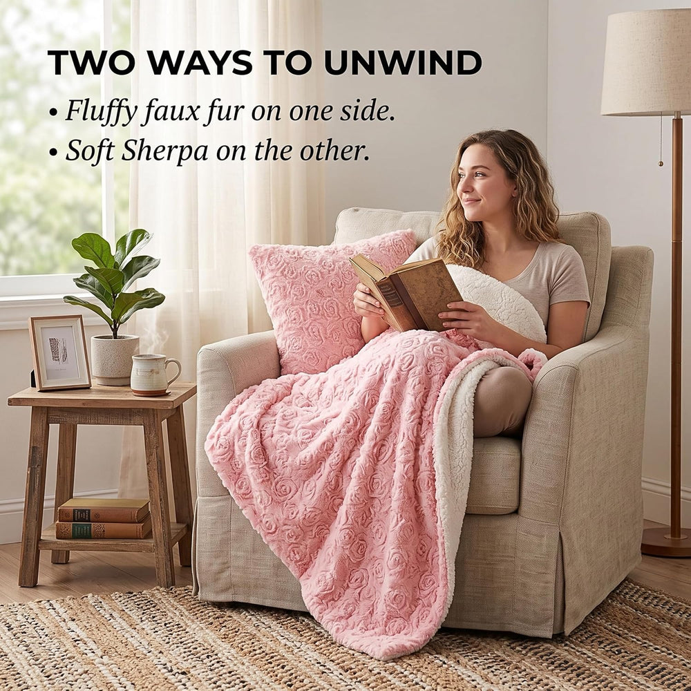 DaDa Bedding Pink Faux Fur Sherpa Blanket, 90 x 90 Inches