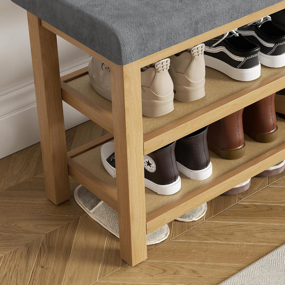 2 Tier Shoe Rack Bench with Cushion, Rubberwood Shoe Benches, Mid-Century Mod...