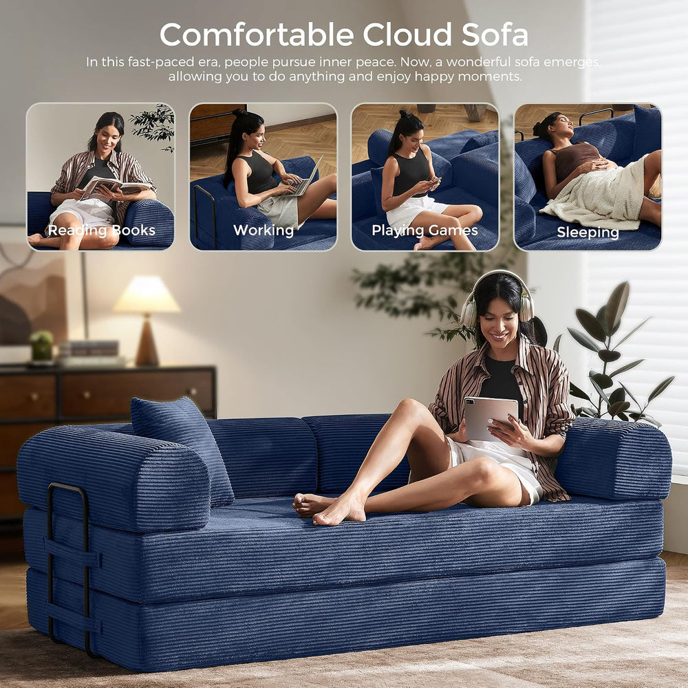 79" Convertible Futon Sofa Bed, Boneless Couch for Living Room | Blue