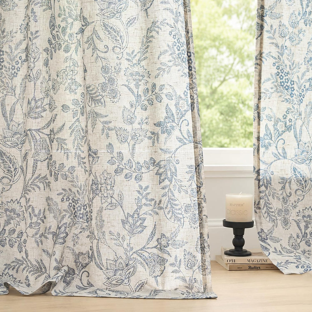 Lazzzy Blue Floral Linen Curtains Farmhouse Rod Pocket 50W X 63L 2 Panels