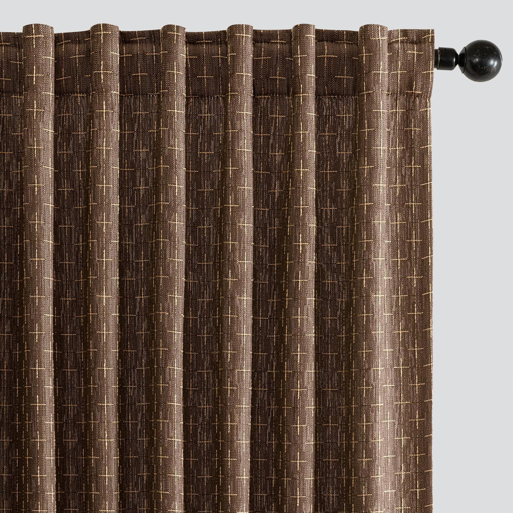 MIULEE Patterned Farmhouse Linen Curtains, Back Tab, 52Wx84L, Dark Coffee