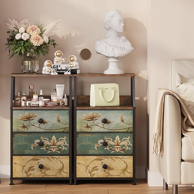 Tohomeor Dresser with Fabric Drawers Nightstand with 2 Tier Shelf Storage Tow...