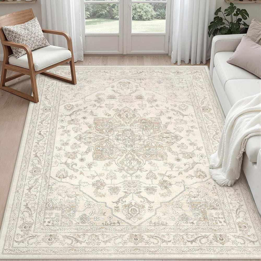 5x7 Area Rugs for Living Room: Vintage Boho Neutral Washable Rug Indoor Soft