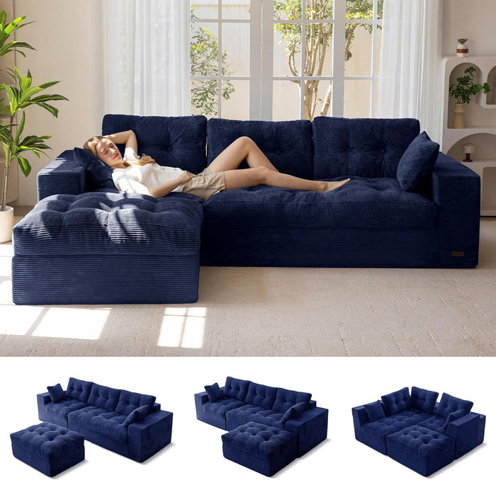 MAXYOYO 104" L Shaped Modular Sectional Sofa with Ottoman, Tufted Boneless Couch with Layered Cushion, Upholstered Flexible Module Combination Sofa for Living Room, No Assembly, Navy
