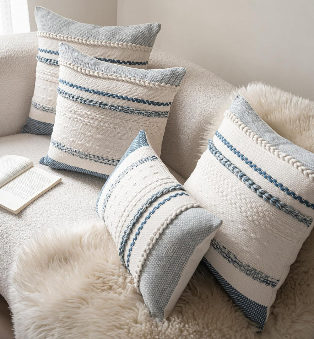 Cethom Boho Lumbar Pillow Covers 14x36 Inch Long, Blue Textured Decorative Co...