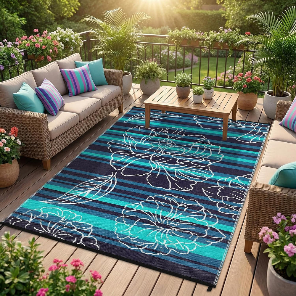 Garvee 5x8 Outdoor Waterproof Rug Reversible Straw Patio Rug Black&Blue