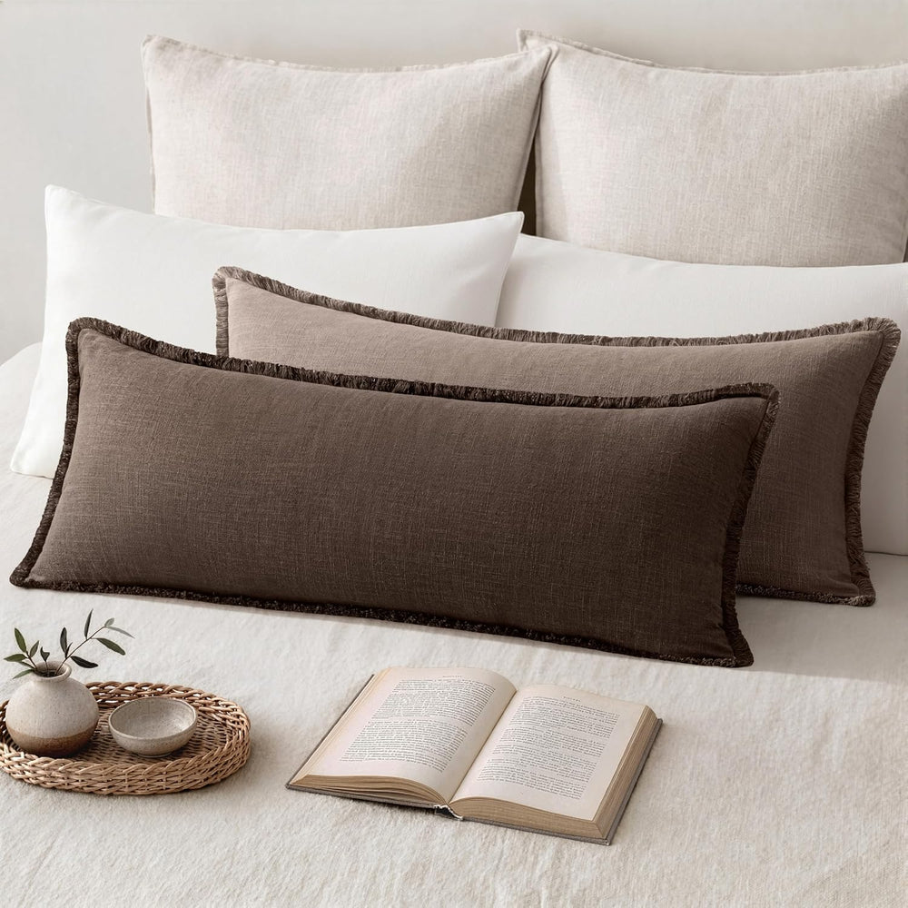 MIULEE 14x36 Long Linen Fringe Lumbar Pillow Covers Set of 1 Reddish Brown