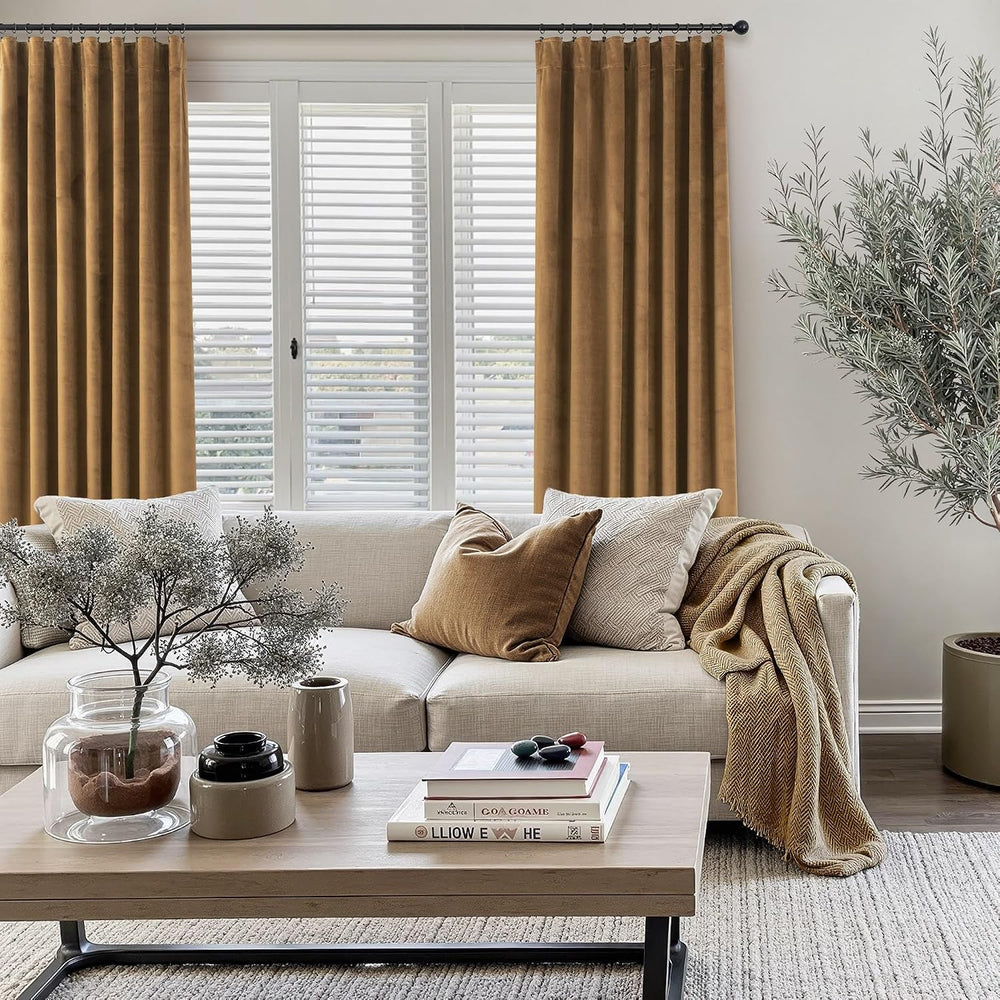 Velvet Curtains 84 Inch Length 2 Panels Set Gold Brown Light Blocking Thermal...