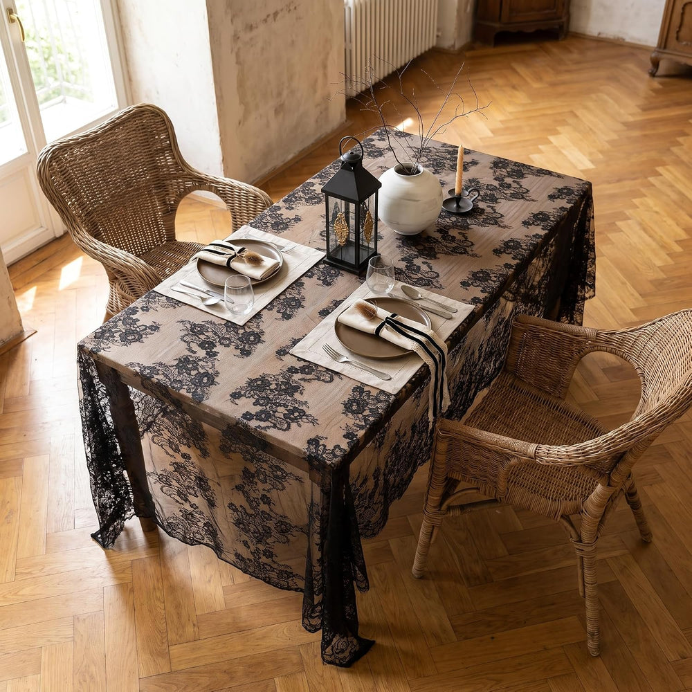 Black Lace Tablecloth Rectangular Halloween Tablecloth 60x120 Inches,2 pcs