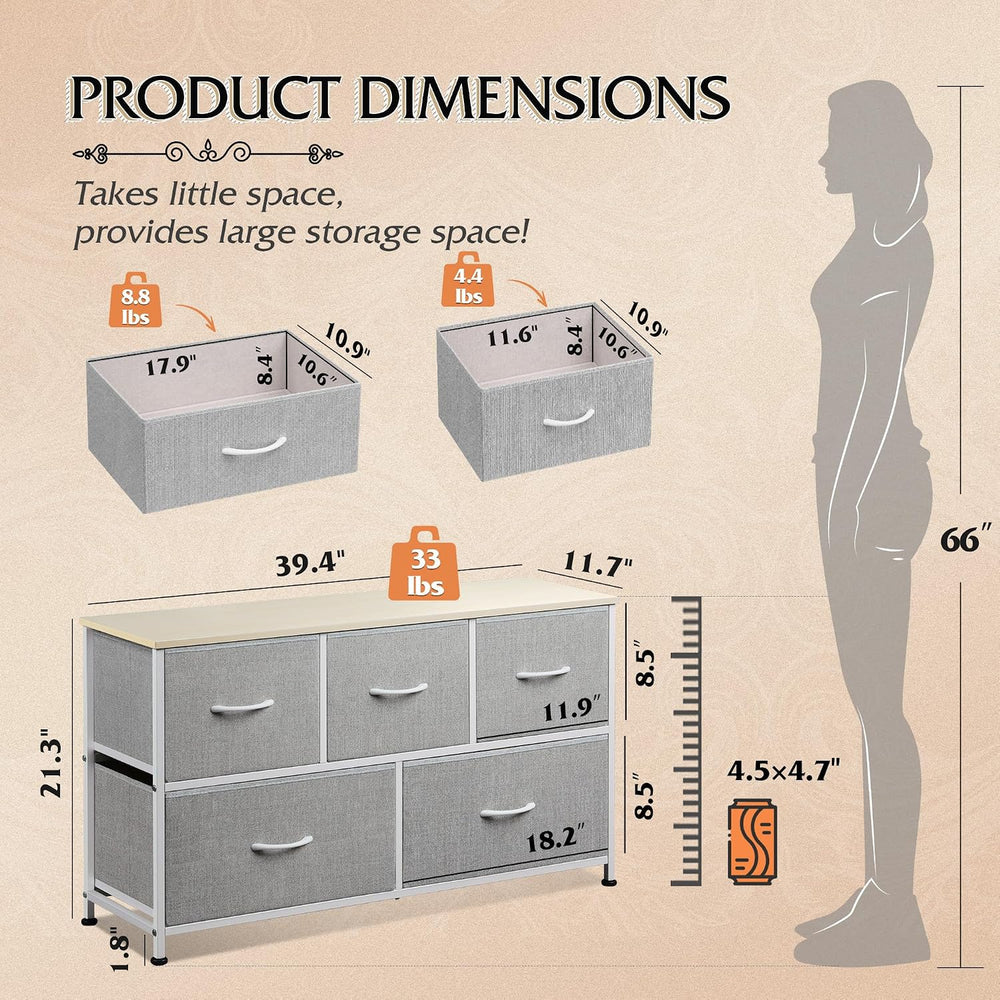 WLIVE Dresser for Bedroom, Wide Dresser with 5 Fabric Drawers, Light Grey