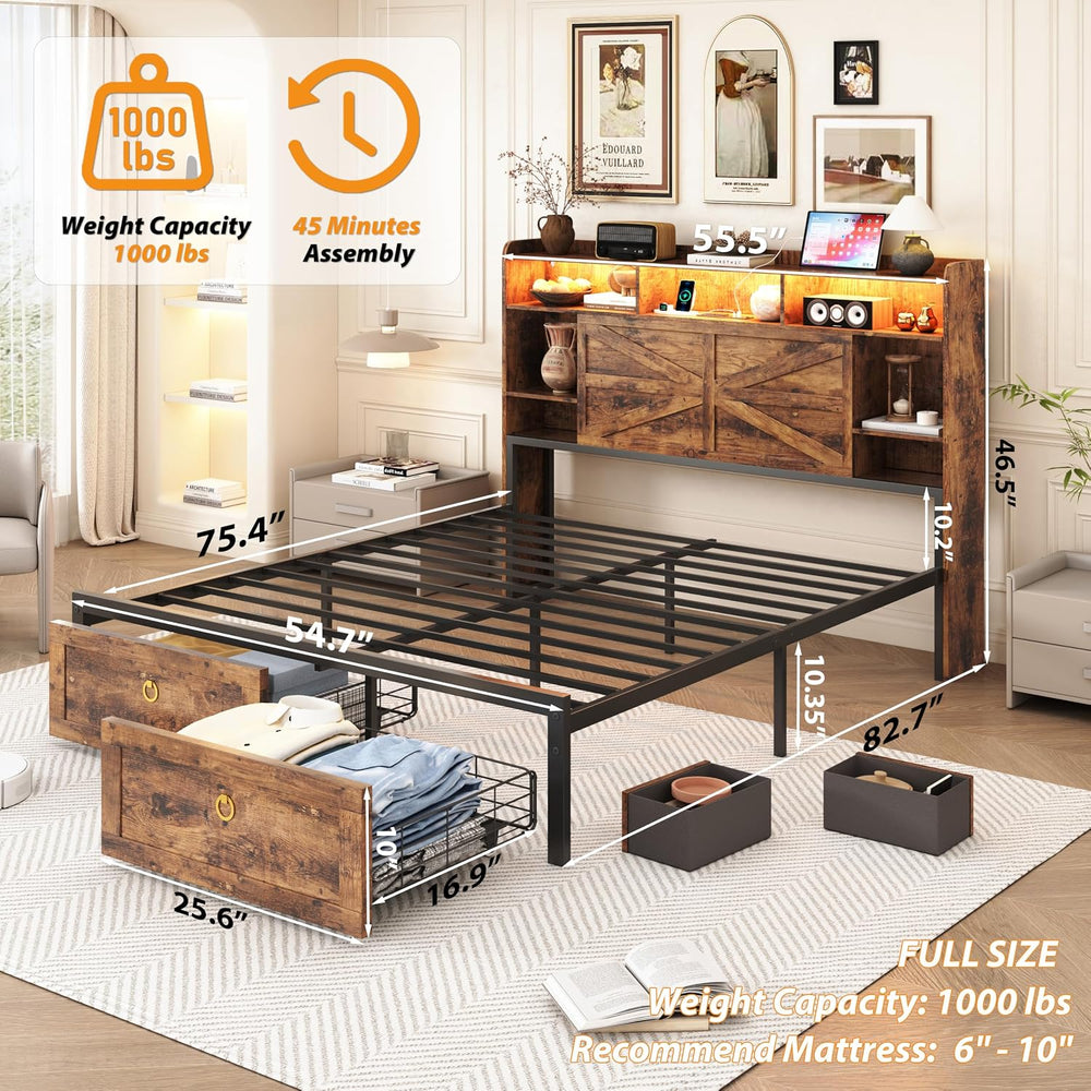 Full Bed Frame with 4 Drawers Bookshelf Headboard, Farmhouse Bed Frame with C...