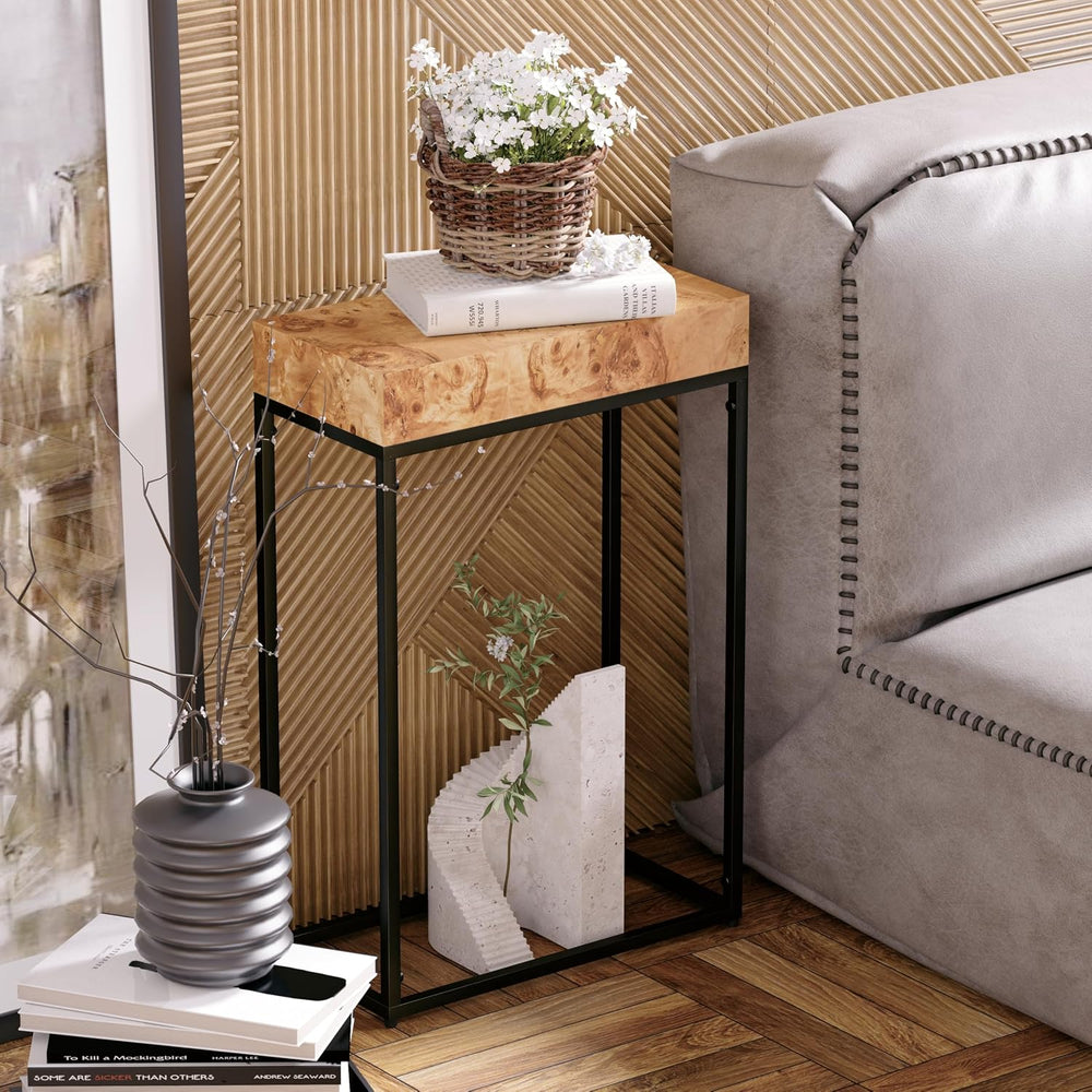COZAYH Burl Finish Wood Top Tall End Table, Metal Frame Pedestal Display Stan...