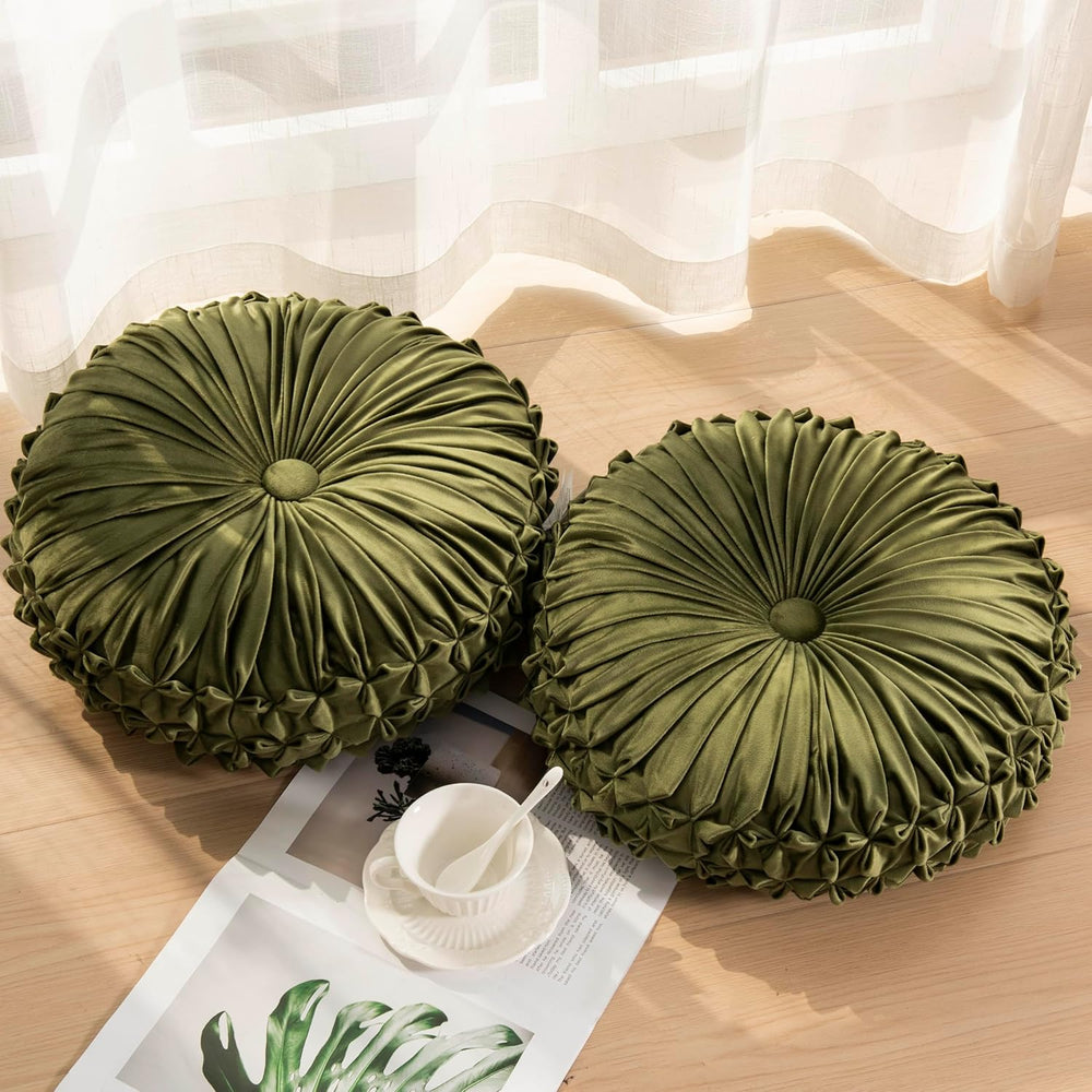 Round Throw Pillow Set of 2 โ Decorative Velvet Ruched Pumpkin Pillows with B...