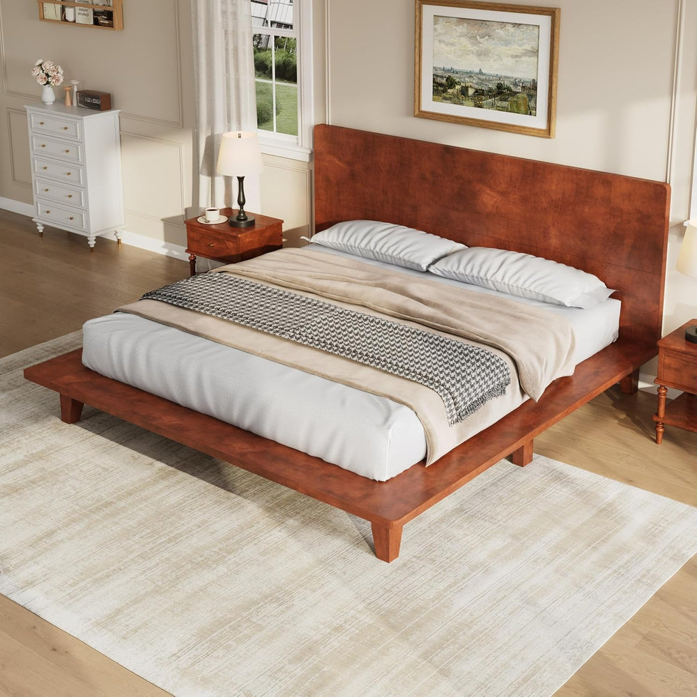 Queen Size Japanese Wooden Bed Frame with Brown Headboard