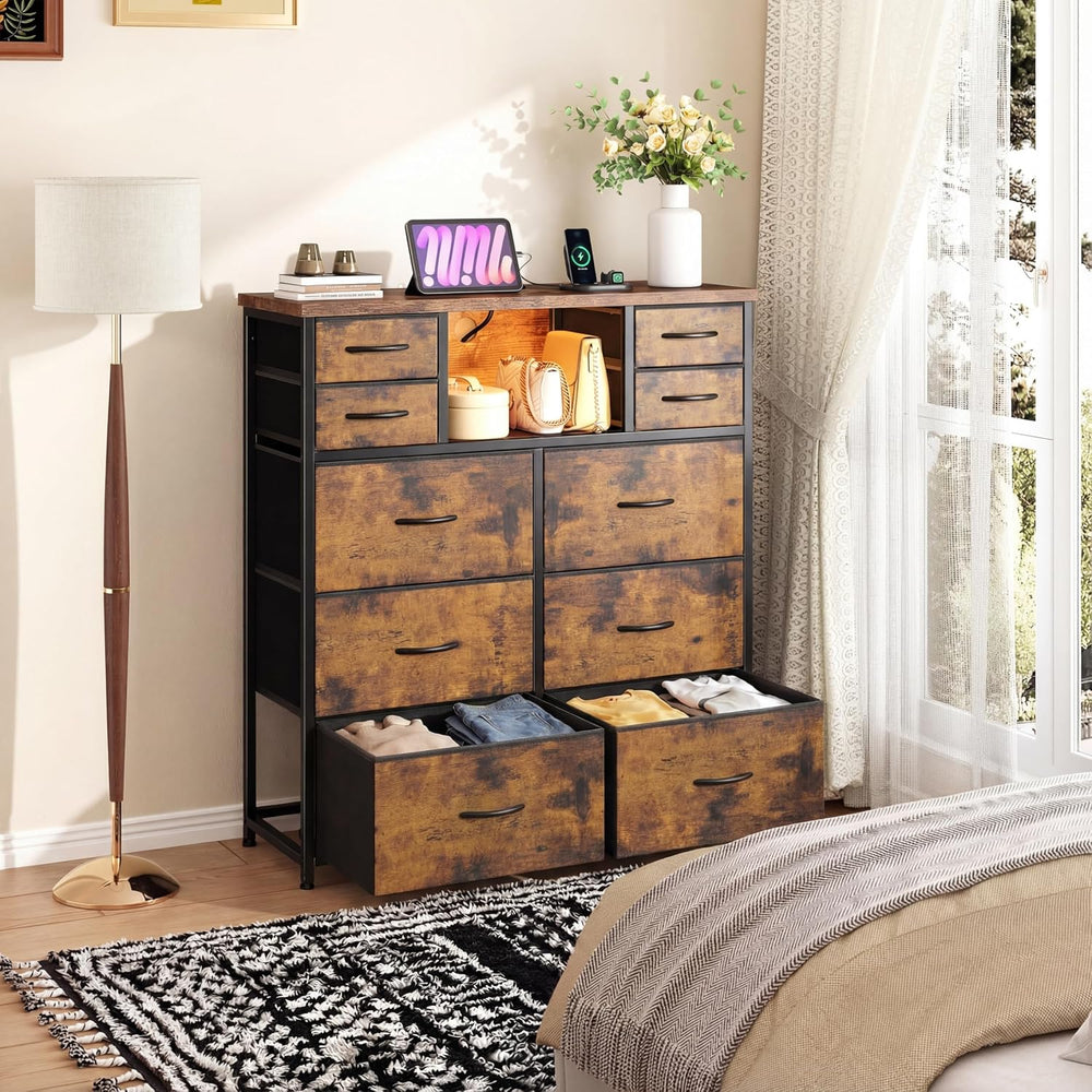 Dresser for Bedroom with Charging Station & LED Light, 10 Drawers