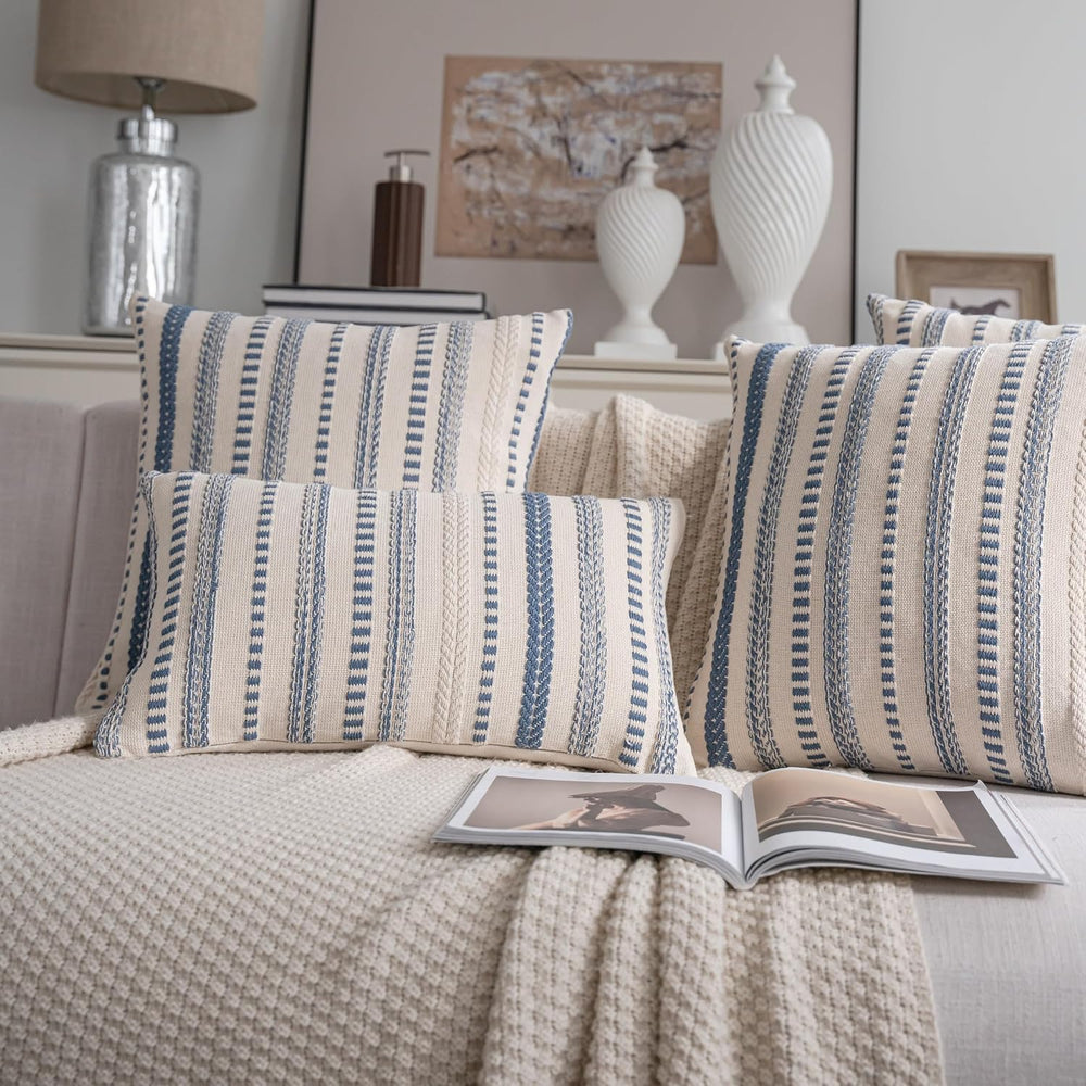 Cethom Blue Boho Lumbar Pillow Covers 14x36 Long, Stripe Textured Decorative ...