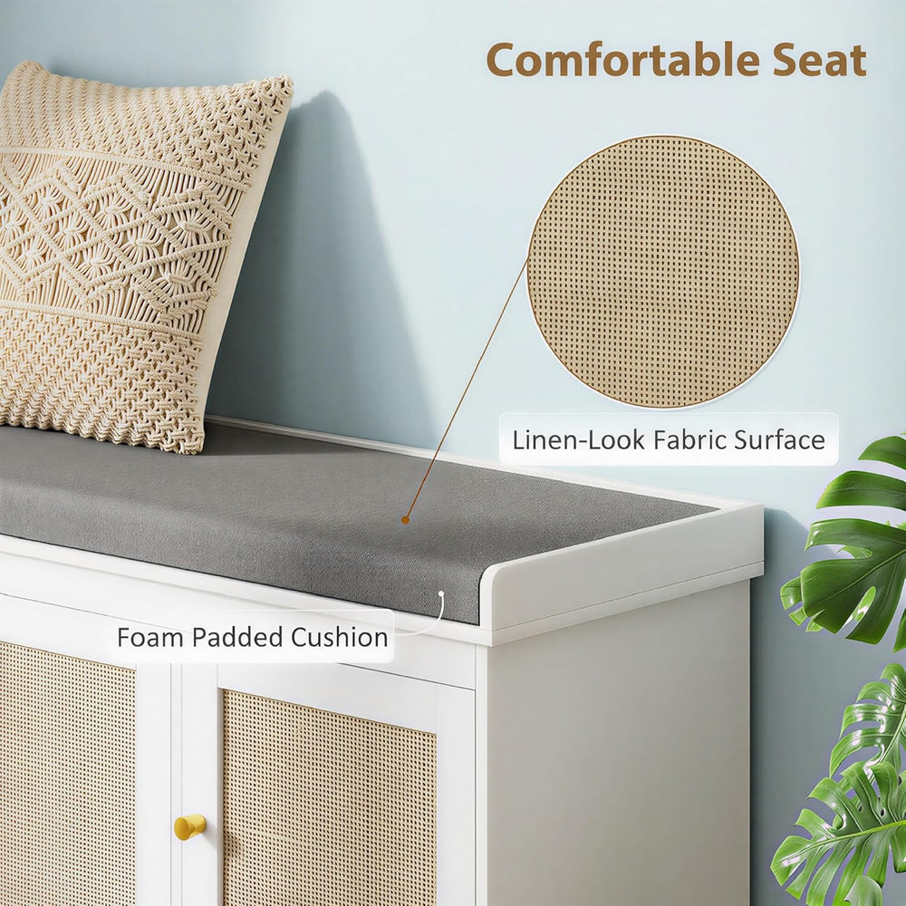 HOMCOM Shoe Bench with Woven Rattan Doors, Shoe Storage Bench with Cushion, A...