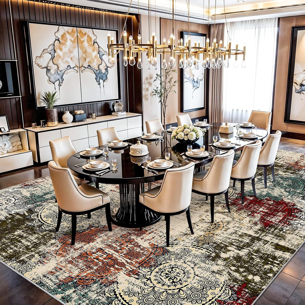 Living Room Area Rug 12x15:Abstract Large Washable Thin Non-Slip Easy Clean