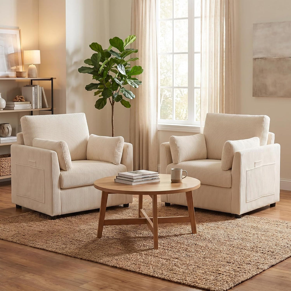 GRAVFORCE 37.75" Oversized Accent Chair with 2 Pillows, Beige, Corduroy