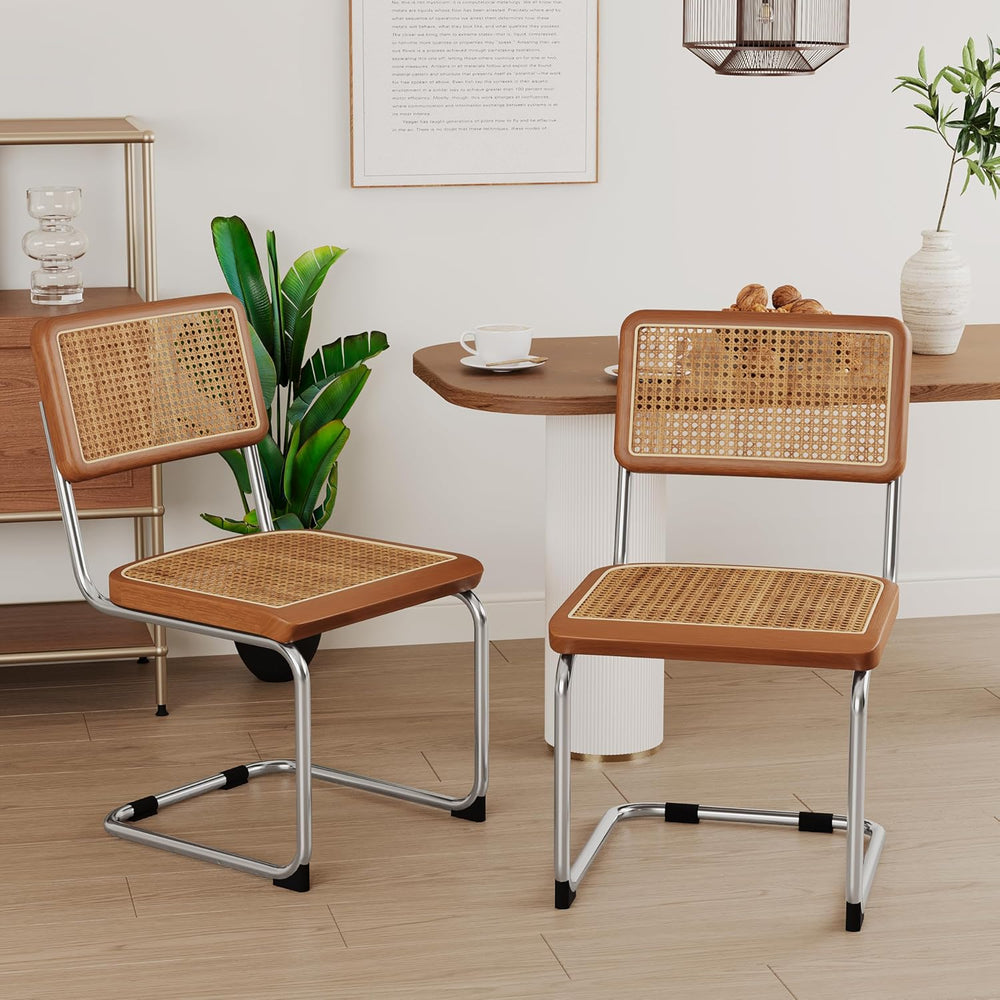 Alunaune Modern Mid Century Dining Chairs Set of 2, Upholstered Natural Ratta...