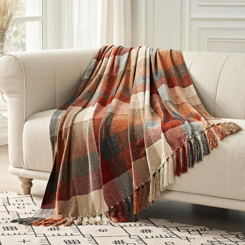 Plaid Chenille Fall Throw Blanket, 50"x60", Harvest Orange Plaid