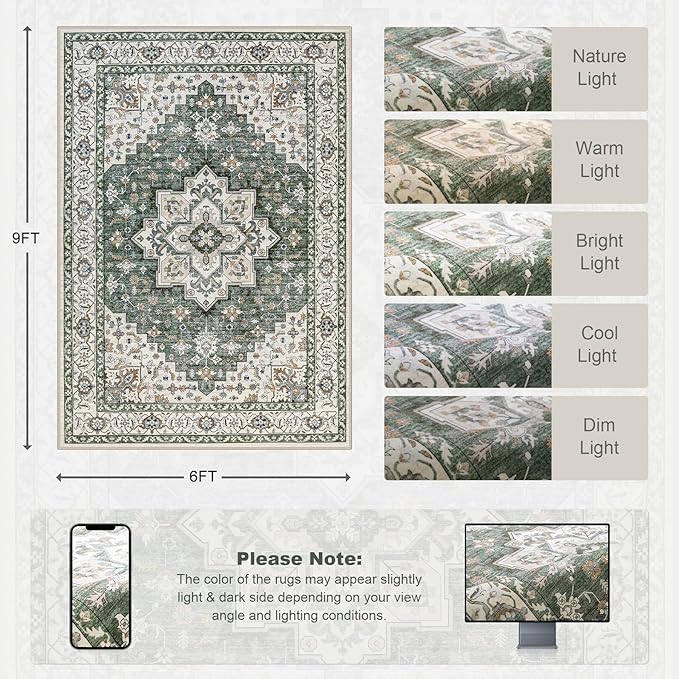 6x9 Area Rugs Living Room Rug: Washable Vintage Boho Medallion Rug No Slip