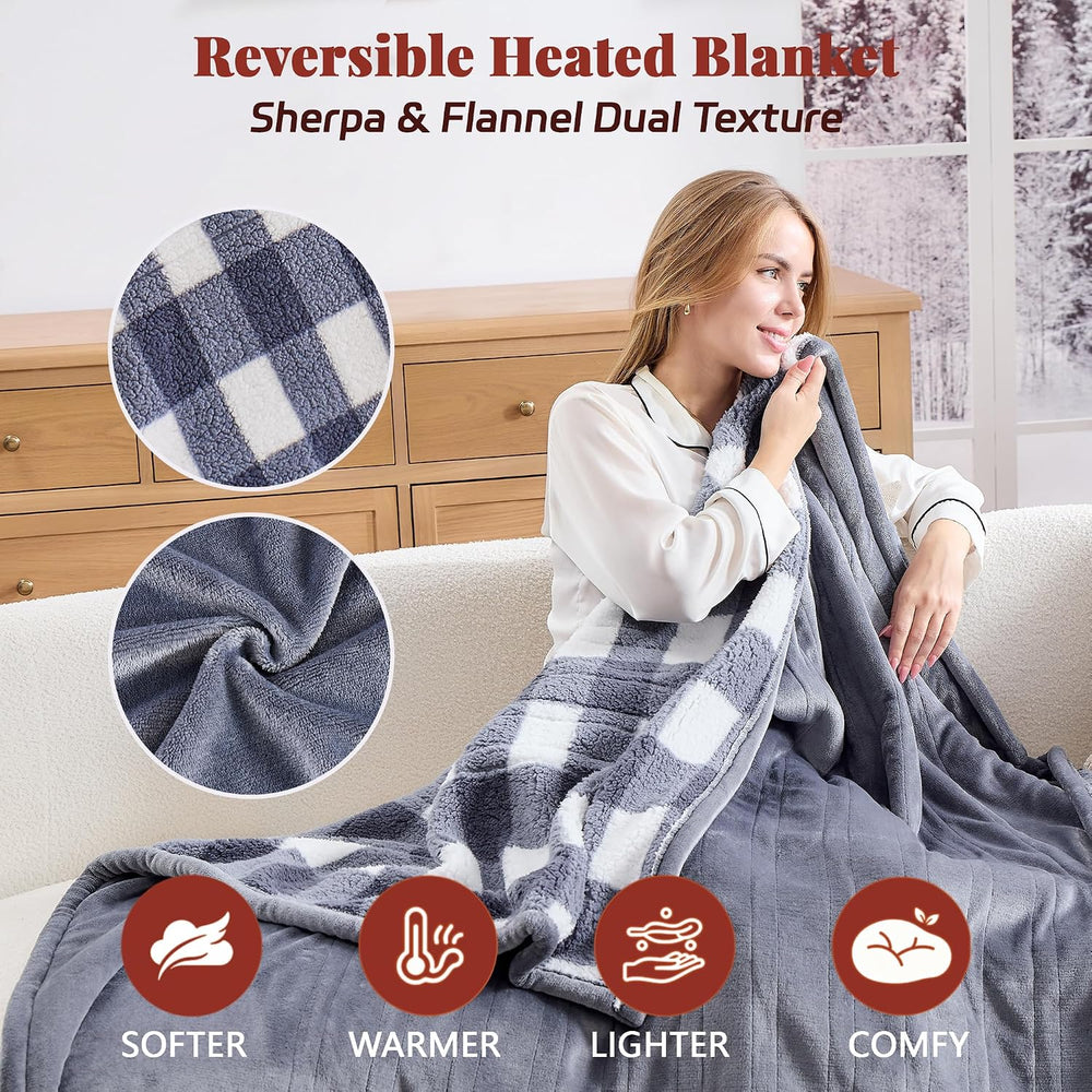 Heated Blanket Twin 62x84, Flannel & Sherpa, 6 Heat Levels 1-12H Timer