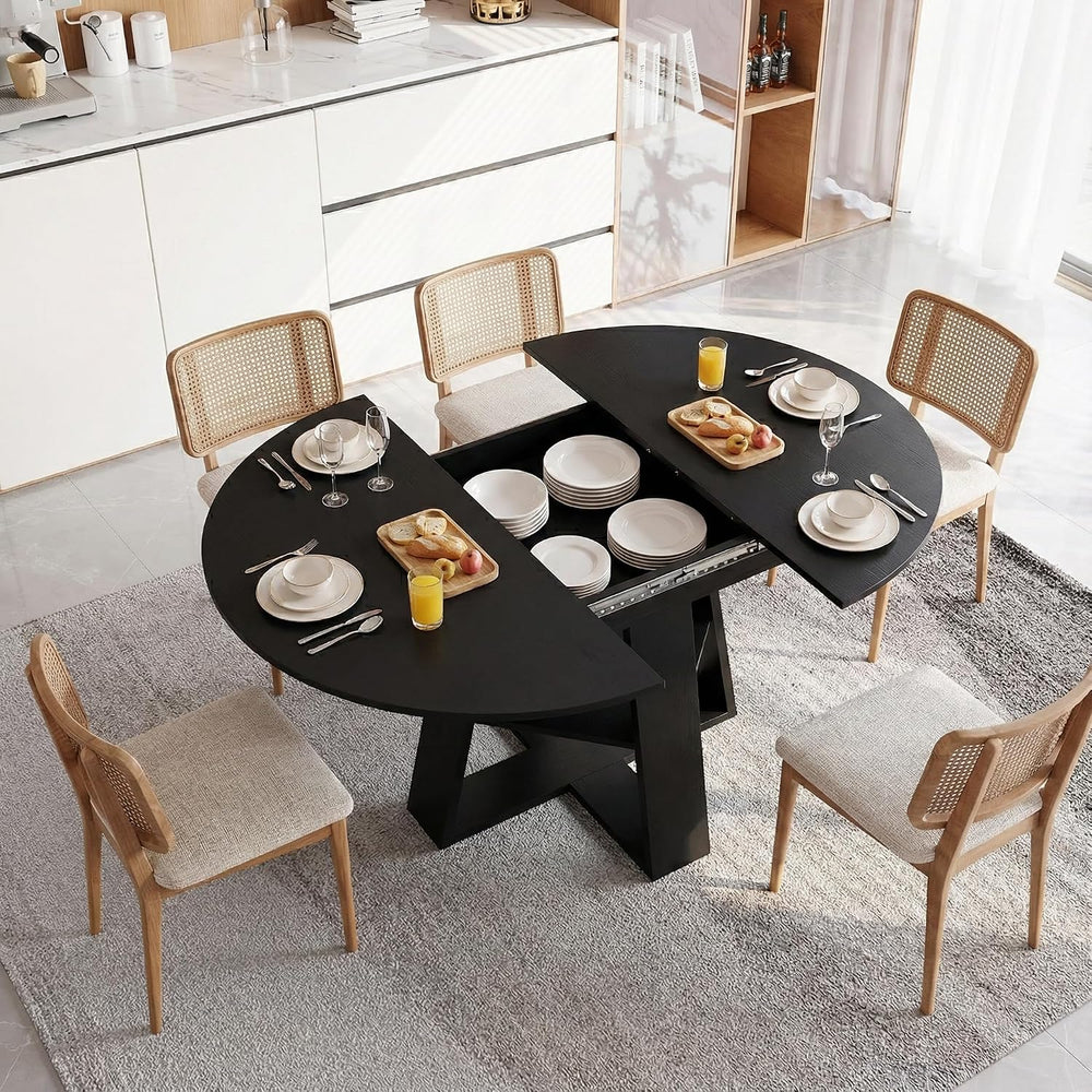43.3"-59" Round Extendable Dining Table for 4-6 Modern Black Wood K...