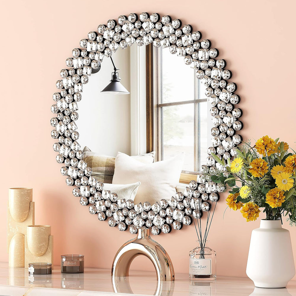 SHYFOY Crystral Round Mirror for Wall Decor,24" Large Wall Mirrors