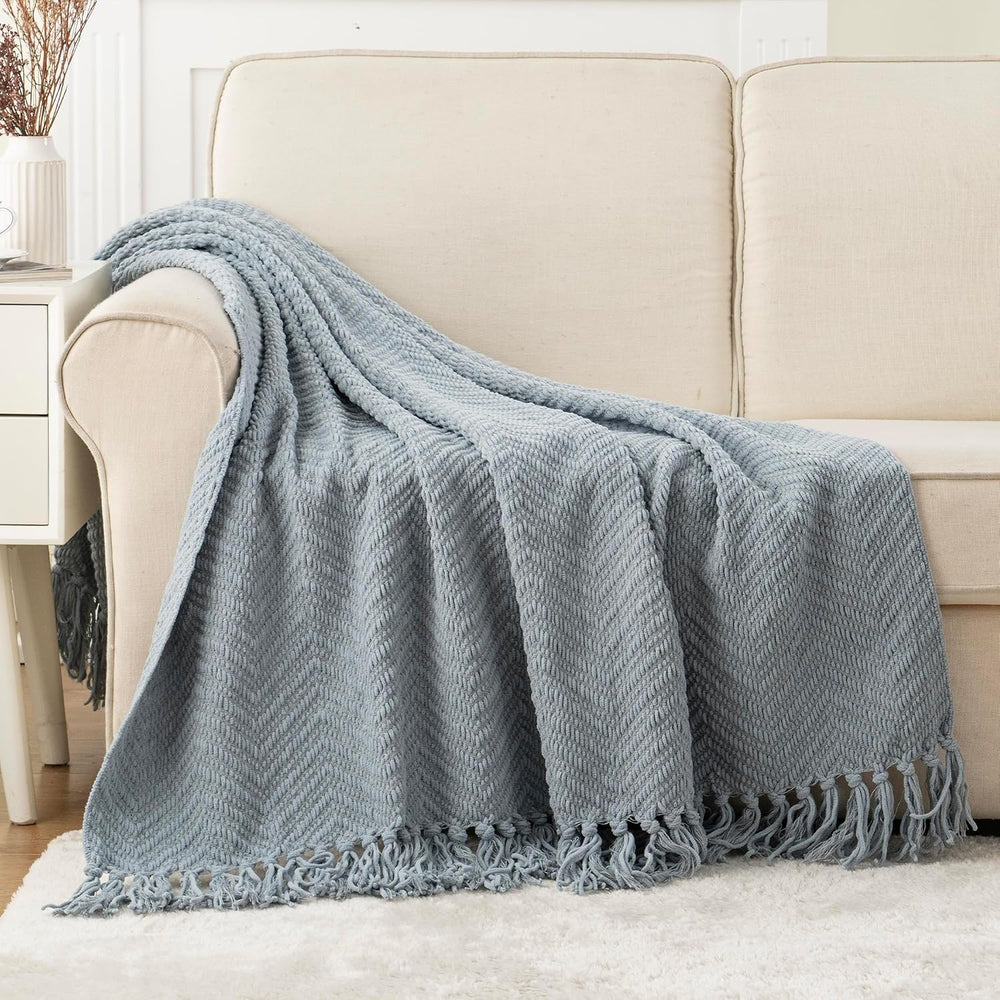 Battilo Blue Grey Throw Blanket for Couch, Knit Throw Blanket, 50"x60"