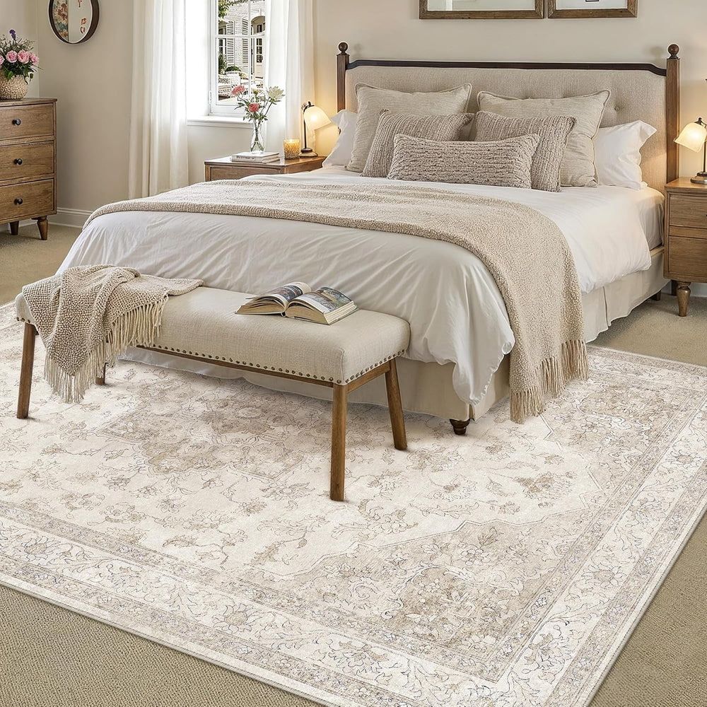 PureCozy Beige 8x10 Washable Area Rug Vintage Oriental Medallion Carpet