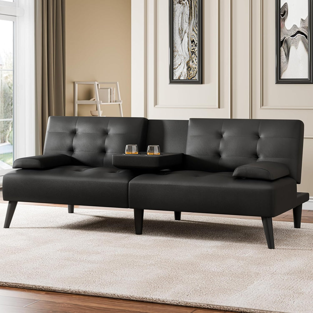 64" Futon Sofa Bed, Small Couch with Armrests Cup Holders, Black