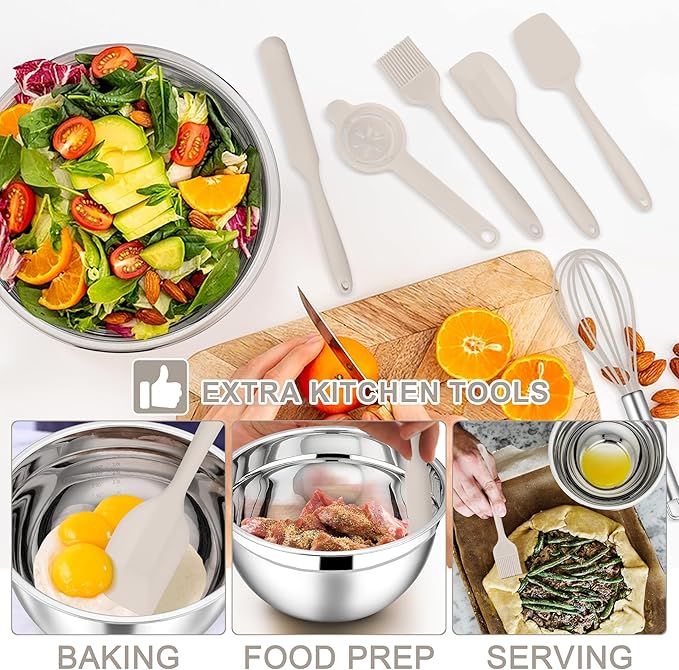 E-far Mixing Bowls with Lids Set, Size 7, Nesting Design & Khaki Airtight...