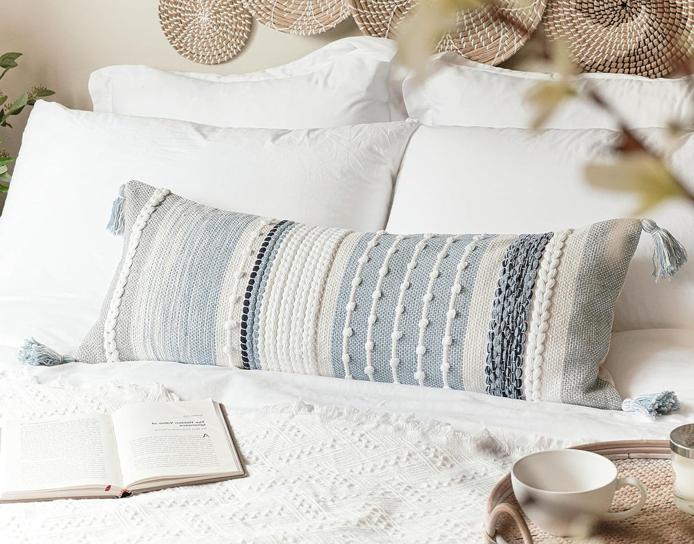 BlissBlush Coastal Blue Decorative Lumbar Pillow Cover 14x36 Boho Long Body P...