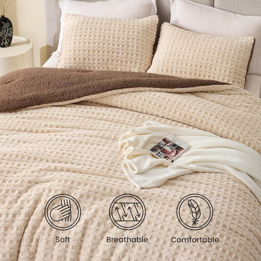 Taffeta Sherpa Comforter Set King 3 Pieces,Khaki&Brown