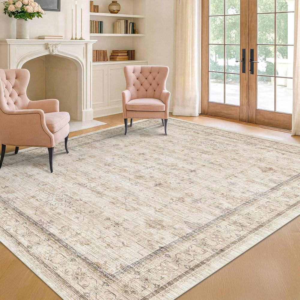 Washable Cream Rug 4x6 for Office, Non Slip Rugs for Kitchen, Low Pile Neutral