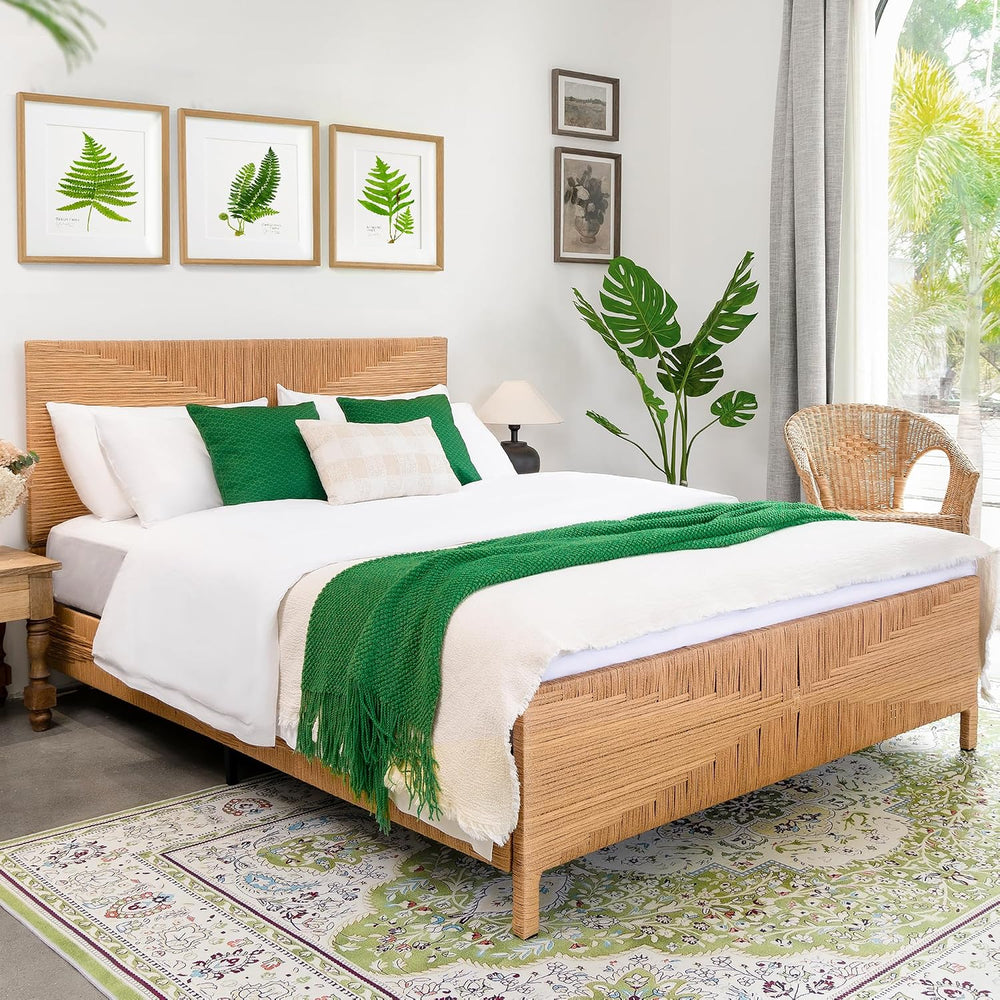 Boho Full Bed Frame with Headboard and Footboard, Hand-Woven Rattan Mid Centu...