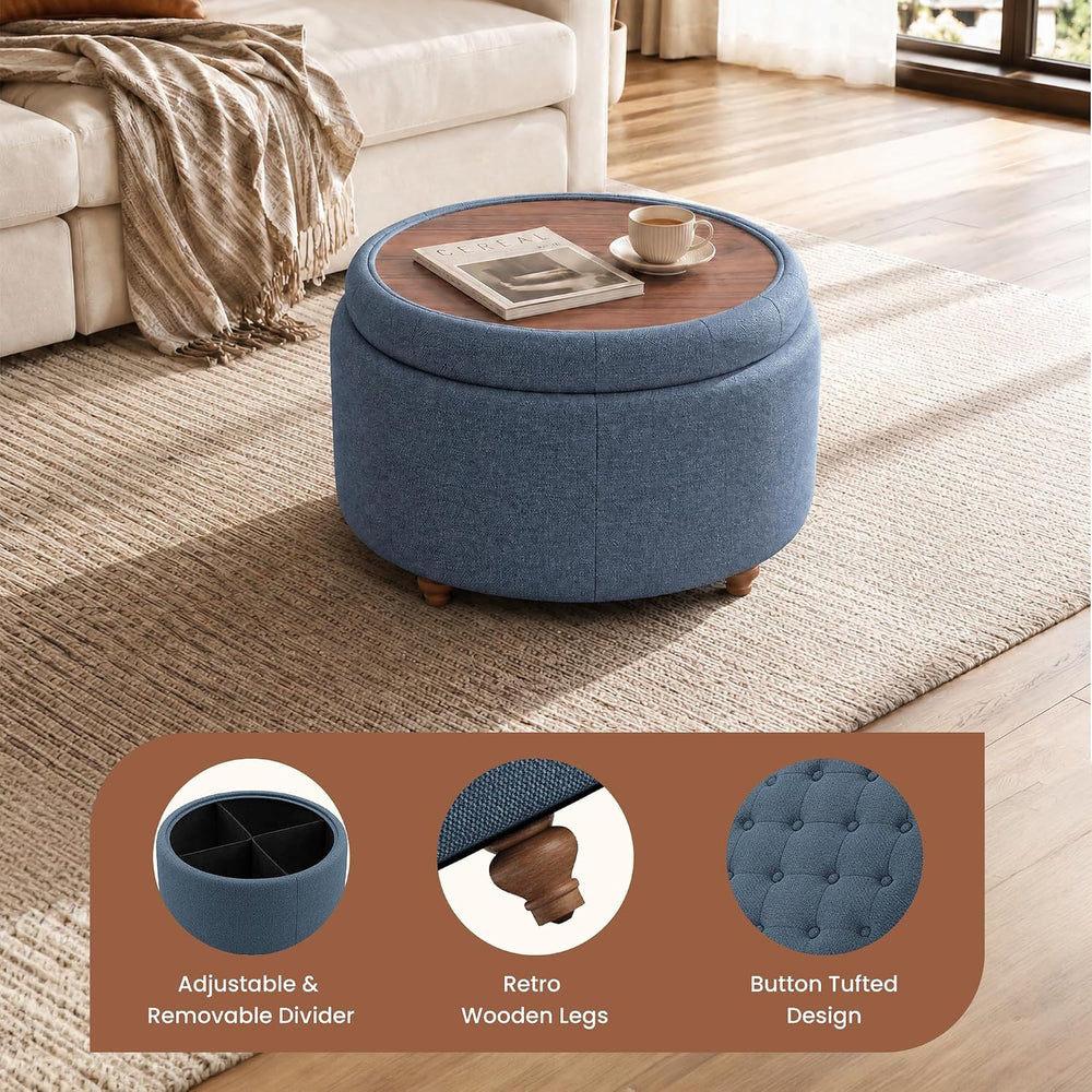 25" Round Ottoman with Storage, Small Coffee Table with Reversible Tray Lid