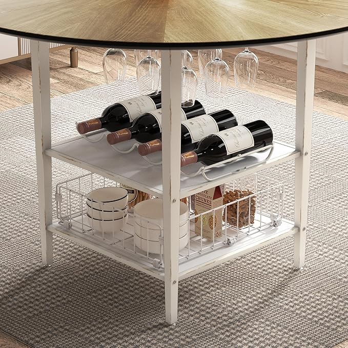 VFK 47 Inch Round Dining Table for 4 with 2-Tier Storage Shelves, Ideal for K...