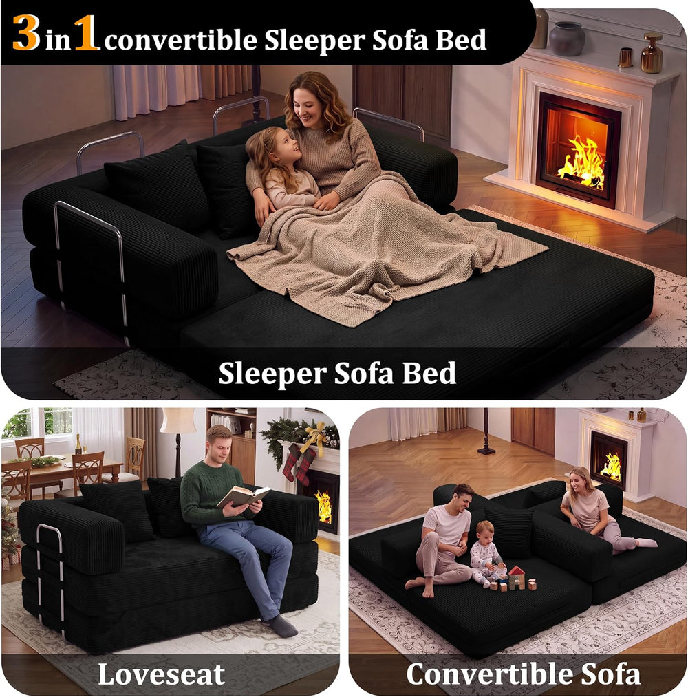 59 Inch Convertible Futon Sofa Bed, 5-in-1Sleeper Sofas Pull Out Couch, Bonel...