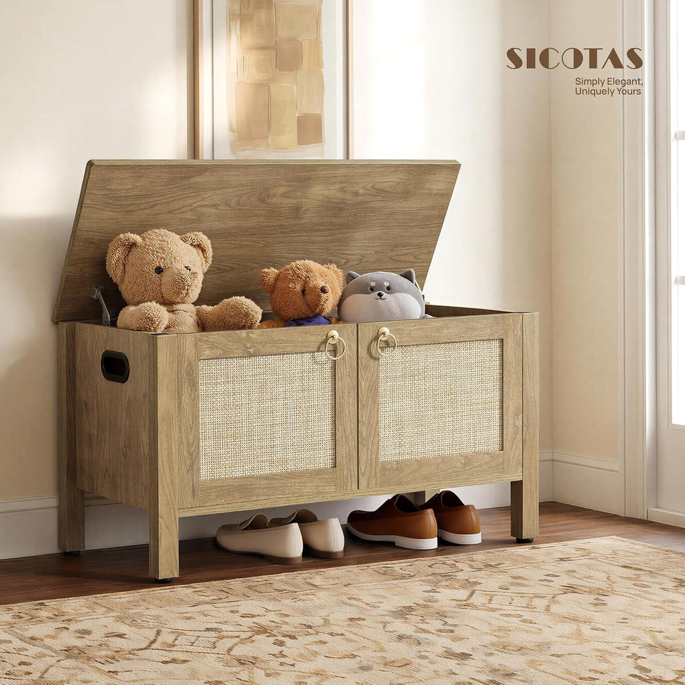 SICOTAS Rattan Storage Bench Boho Storage Chest with 2 Safety Hinges | Wood S...
