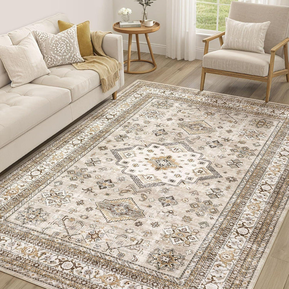 cotiled 6x9 Area Rug for Living Room, Washable, Traditional, Beige