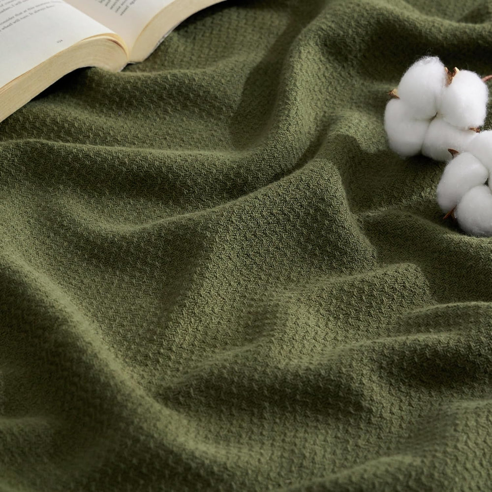 Bedsure 100% Cotton Blanket, Herringbone Weave, Queen Size, Moss Green