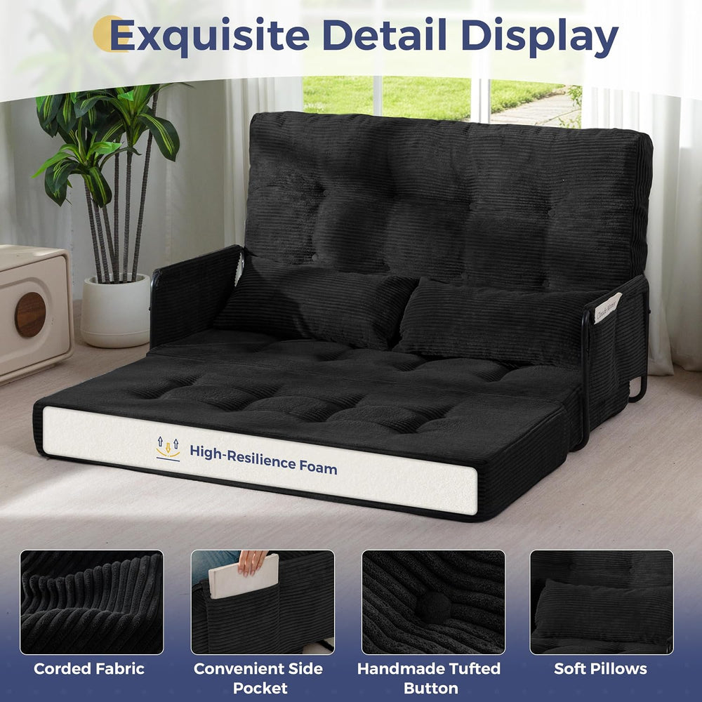 MAXYOYO 53" Adjustable Folding Sofa Bed Couch with 2 Pillows, Black