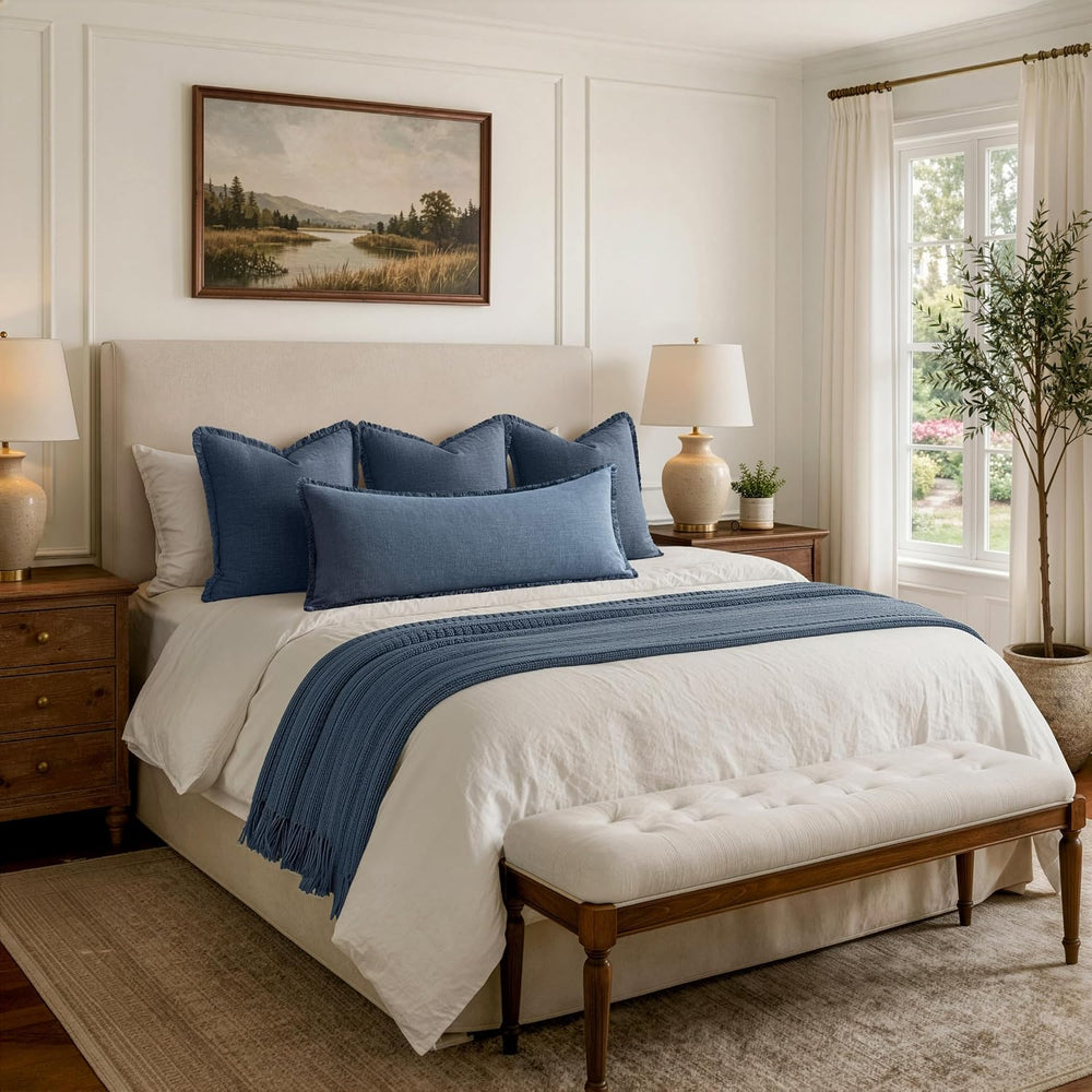 MIULEE 14x36 Long Linen Fringe Lumbar Pillow Covers Set of 1 Blue Ashes