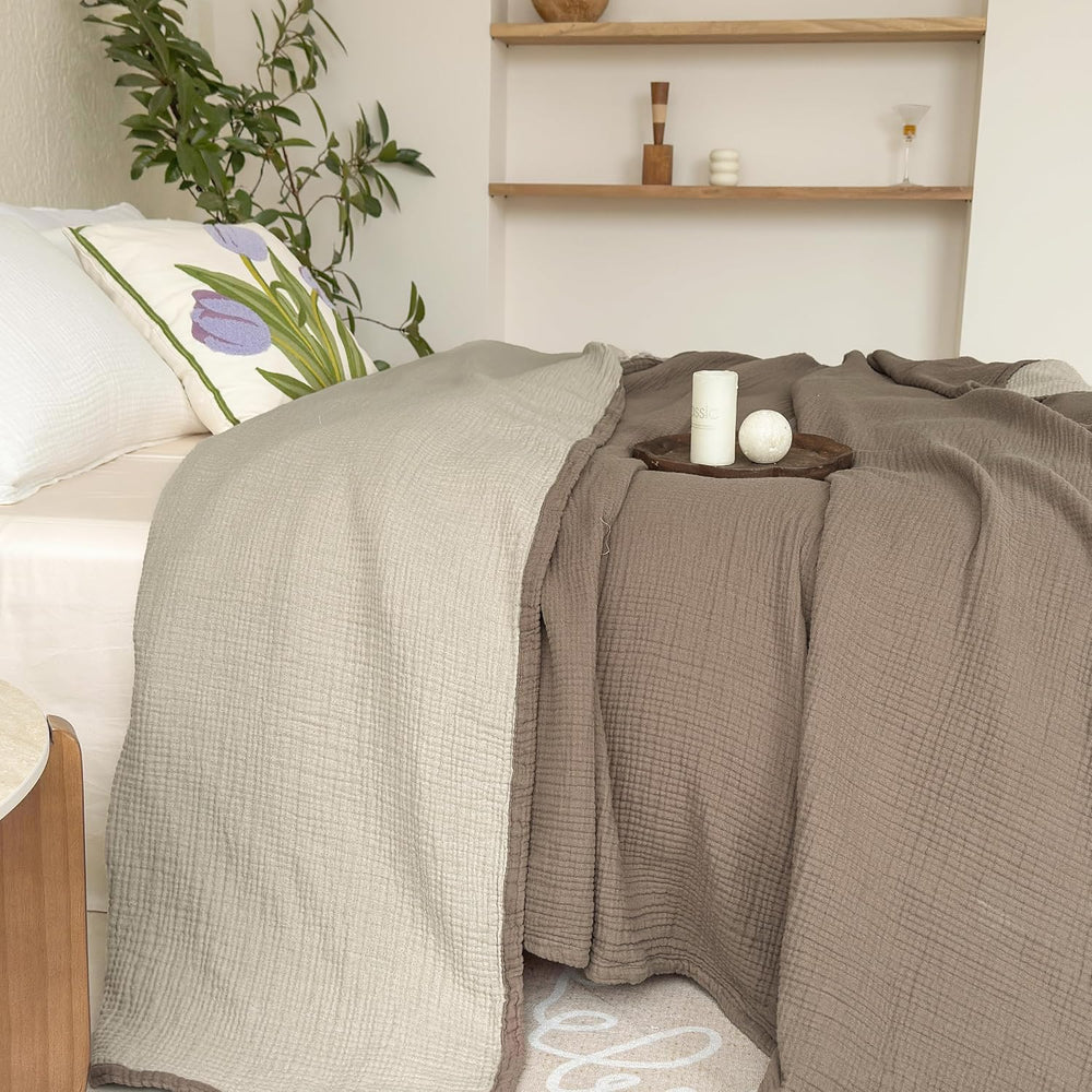 FALUCA Cotton Muslin Reversible Blanket King Size for Bed, Couch, Four Layers...
