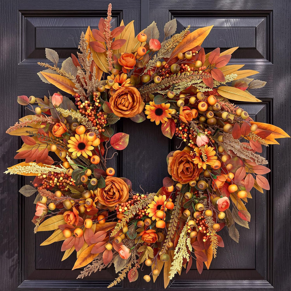 Fall Wreath for Front Door 26 Inch, Autumn Harvest Wreath Sunflowers Roses Ac...