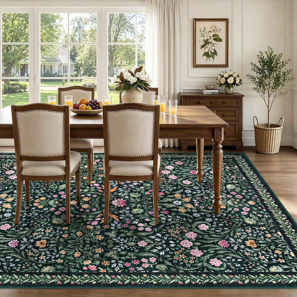 Tosuoka 6x9 Area Rugs Washable Floral Rug Boho Dark Green Carpet Farmhouse
